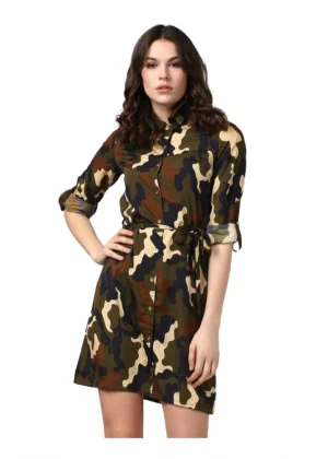 Generic Women's Polyester Printed Roll Up Sleeve Tunic Top (Green - Black)