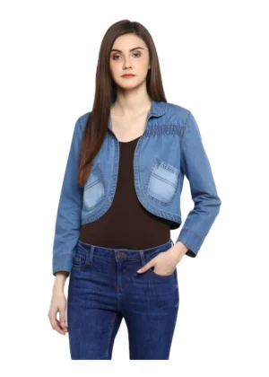 Generic Women's Denim Smocking 3-4th Sleeves Shrug (Blue)