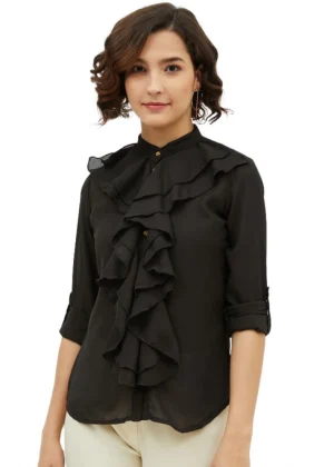 Generic Women's Polyester Ruffled Long Sleeves Standard Length Shirt (Black)
