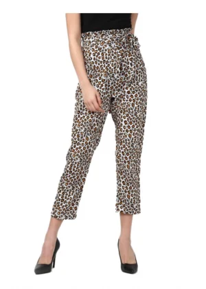 Generic Women's Polyester Animal Print Elasticated Trousers (White - Yellow)