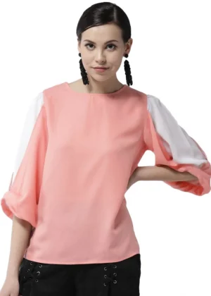 Generic Women's Polyester Colour Block Slit Sleeve Top (Pink)