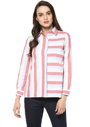 Generic Women's Cotton Striped Roll Up Sleeve Regular Top (Red)