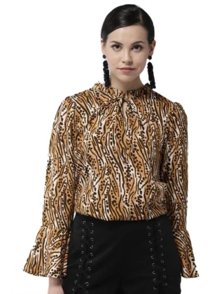 Generic Women's Polyester Printed Bell Sleeve Top (Orange - Black)