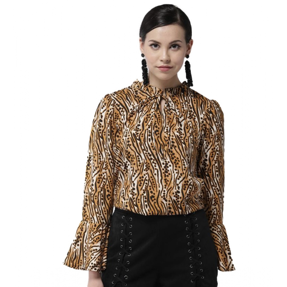 Generic Women's Polyester Printed Bell Sleeve Top (Orange - Black)