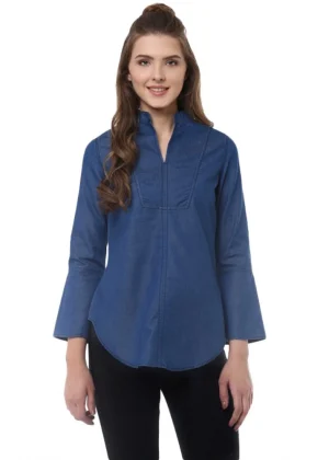 Generic Women's Denim Solid Bell Sleeve Regular Top (Blue Denim)