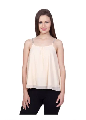 Generic Women's Polyester Solid Shoulder Straps Regular Top (Beige)