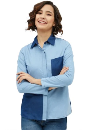 Generic Women's Denim Patch Work Long Sleeves Standard Length Shirt (Blue)