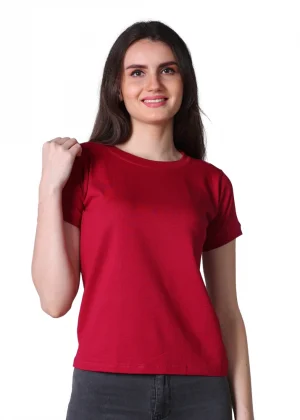 Generic Women's Cotton Blended Solid Round Neck Half Sleeve T-Shirt (Maroon)