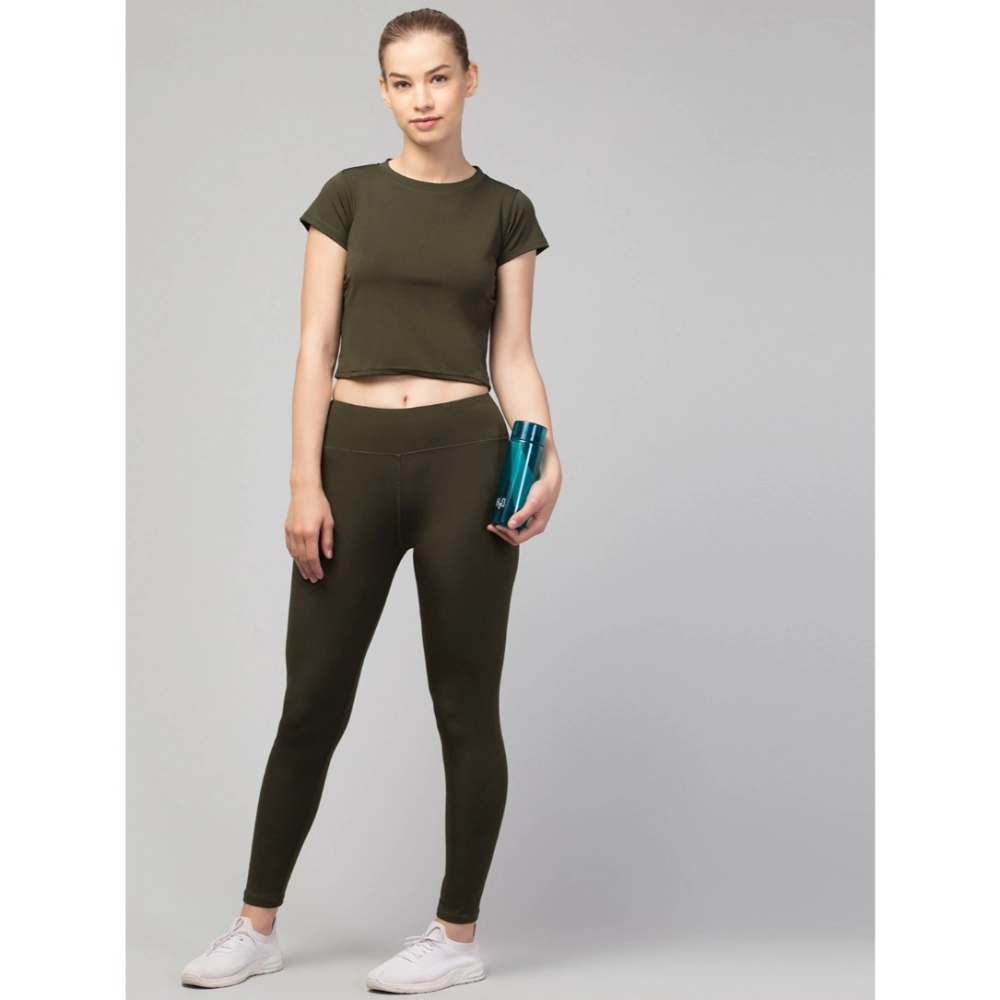 Generic Women's Polyester Solid Ankle Length High-Rise Tights (Olive) - Image 3