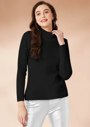 Generic Women's Polyester Solid High Neck Full Sleeve T-Shirt (Black)
