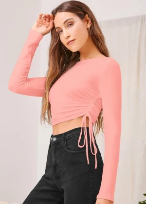 Generic Women's Polyester Solid Round Neck Full Sleeve Top (Peach)