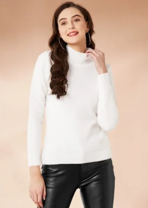 Generic Women's Polyester Solid High Neck Full Sleeve T-Shirt (White)