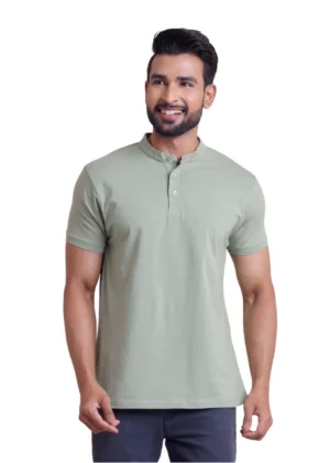 Generic Men's Casual Cotton Solid Half Sleeve Mandarin Collar T-Shirt (Newsage)