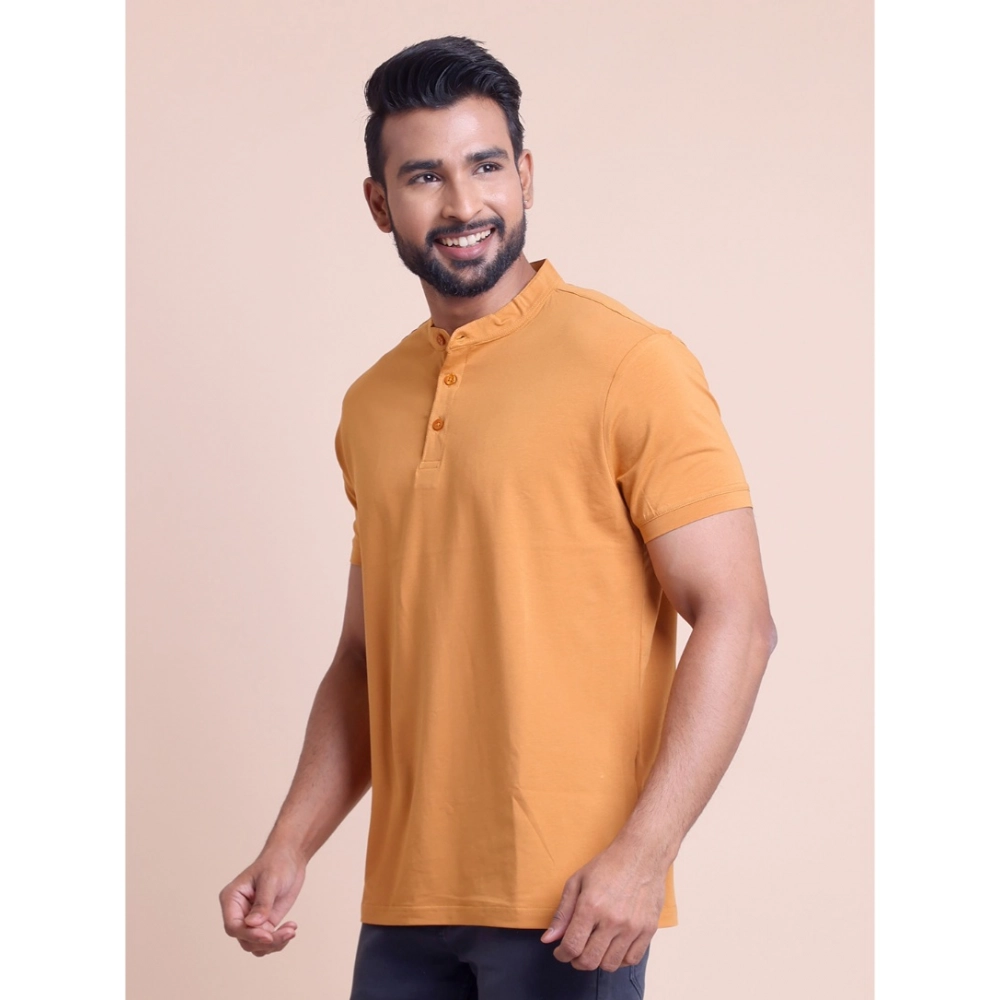 Generic Men's Casual Cotton Solid Half Sleeve Mandarin Collar T-Shirt (Brown) - Image 4