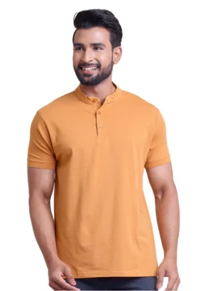 Generic Men's Casual Cotton Solid Half Sleeve Mandarin Collar T-Shirt (Brown)