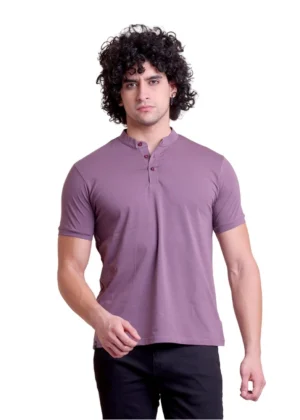 Generic Men's Casual Cotton Solid Half Sleeve Mandarin Collar T-Shirt (Berry)