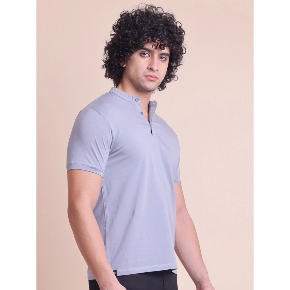 Generic Men's Casual Cotton Solid Half Sleeve Mandarin Collar T-Shirt (Teegrey) - Image 3