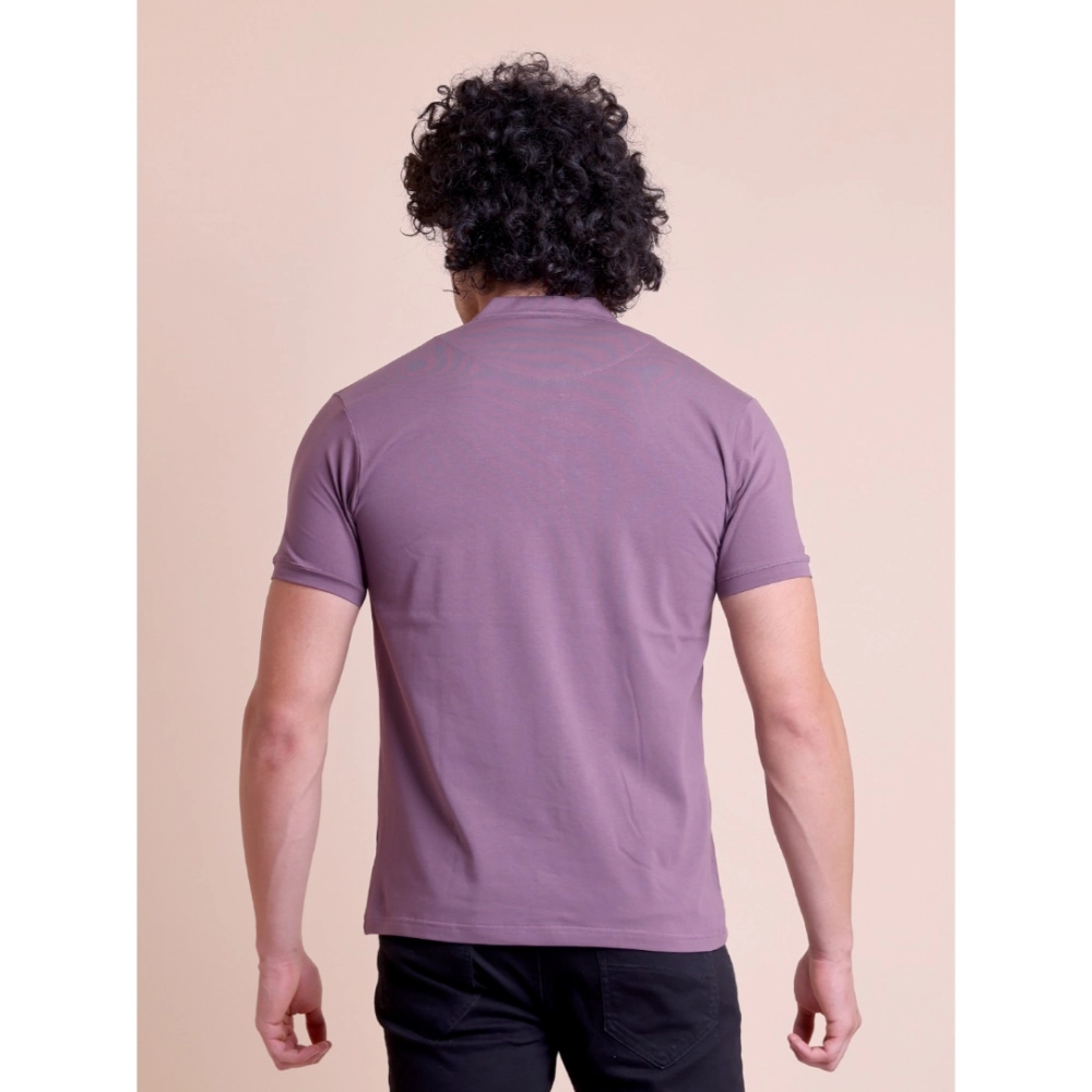 Generic Men's Casual Cotton Solid Half Sleeve Mandarin Collar T-Shirt (Berry) - Image 4