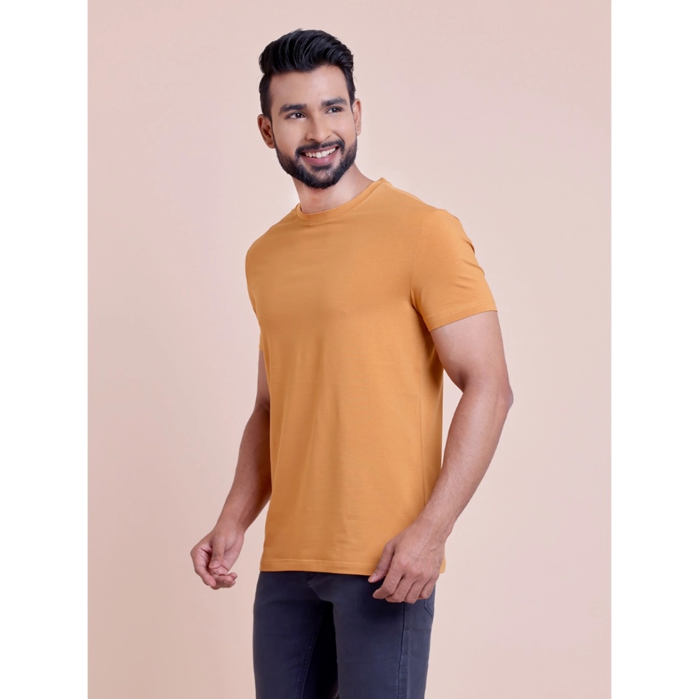 Generic Men's Casual Cotton Solid Half Sleeve Round Neck T-Shirt (Brown) - Image 2