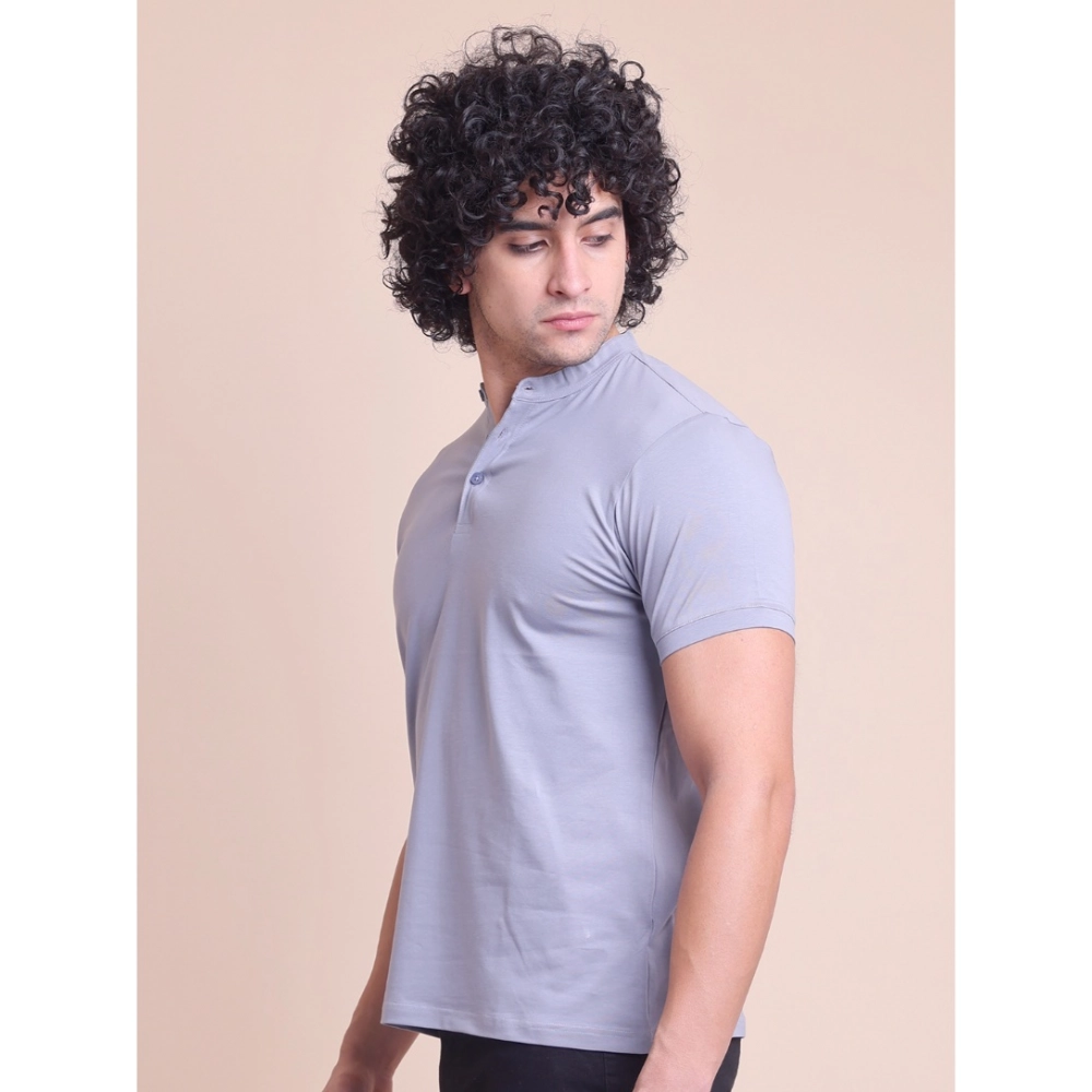 Generic Men's Casual Cotton Solid Half Sleeve Mandarin Collar T-Shirt (Teegrey) - Image 2
