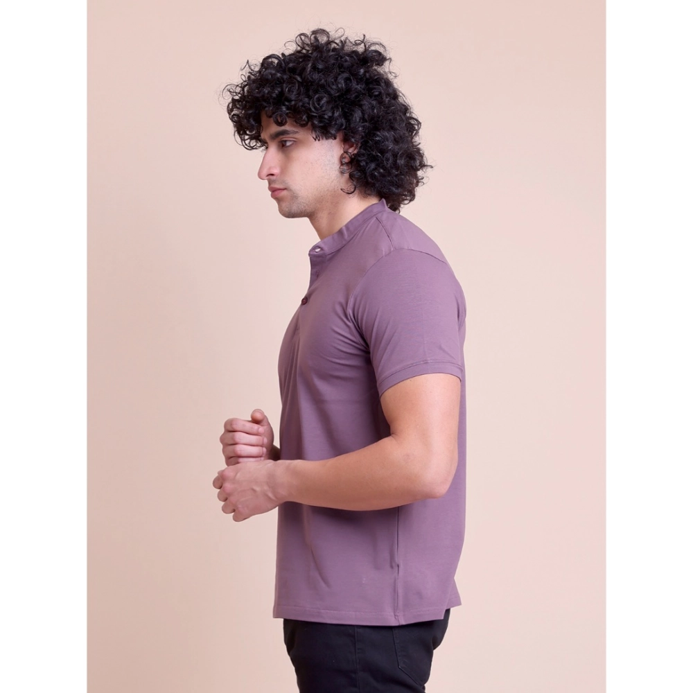 Generic Men's Casual Cotton Solid Half Sleeve Mandarin Collar T-Shirt (Berry) - Image 2