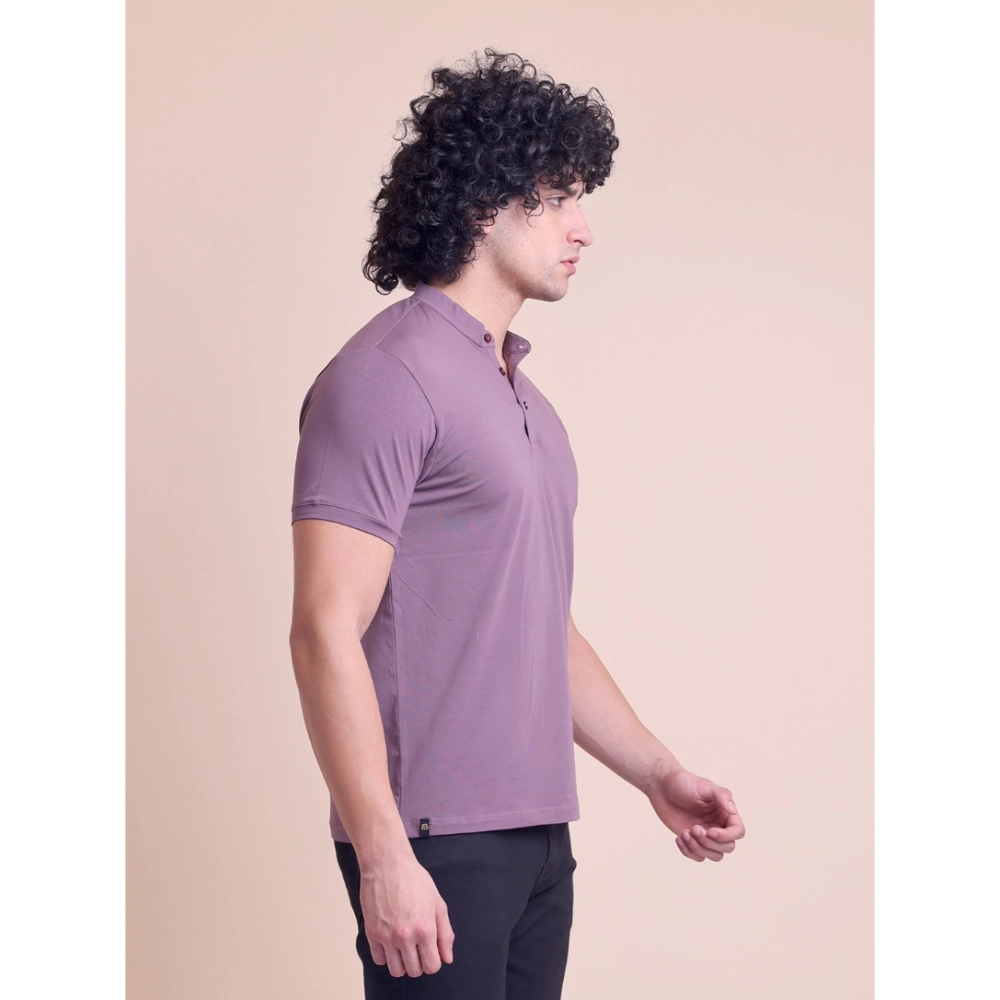 Generic Men's Casual Cotton Solid Half Sleeve Mandarin Collar T-Shirt (Berry) - Image 3