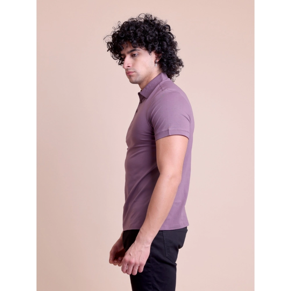 Generic Men's Casual Cotton Solid Half Sleeve Polo Neck T-Shirt (Berry) - Image 2