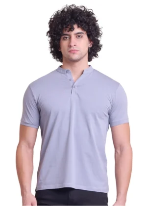 Generic Men's Casual Cotton Solid Half Sleeve Mandarin Collar T-Shirt (Teegrey)