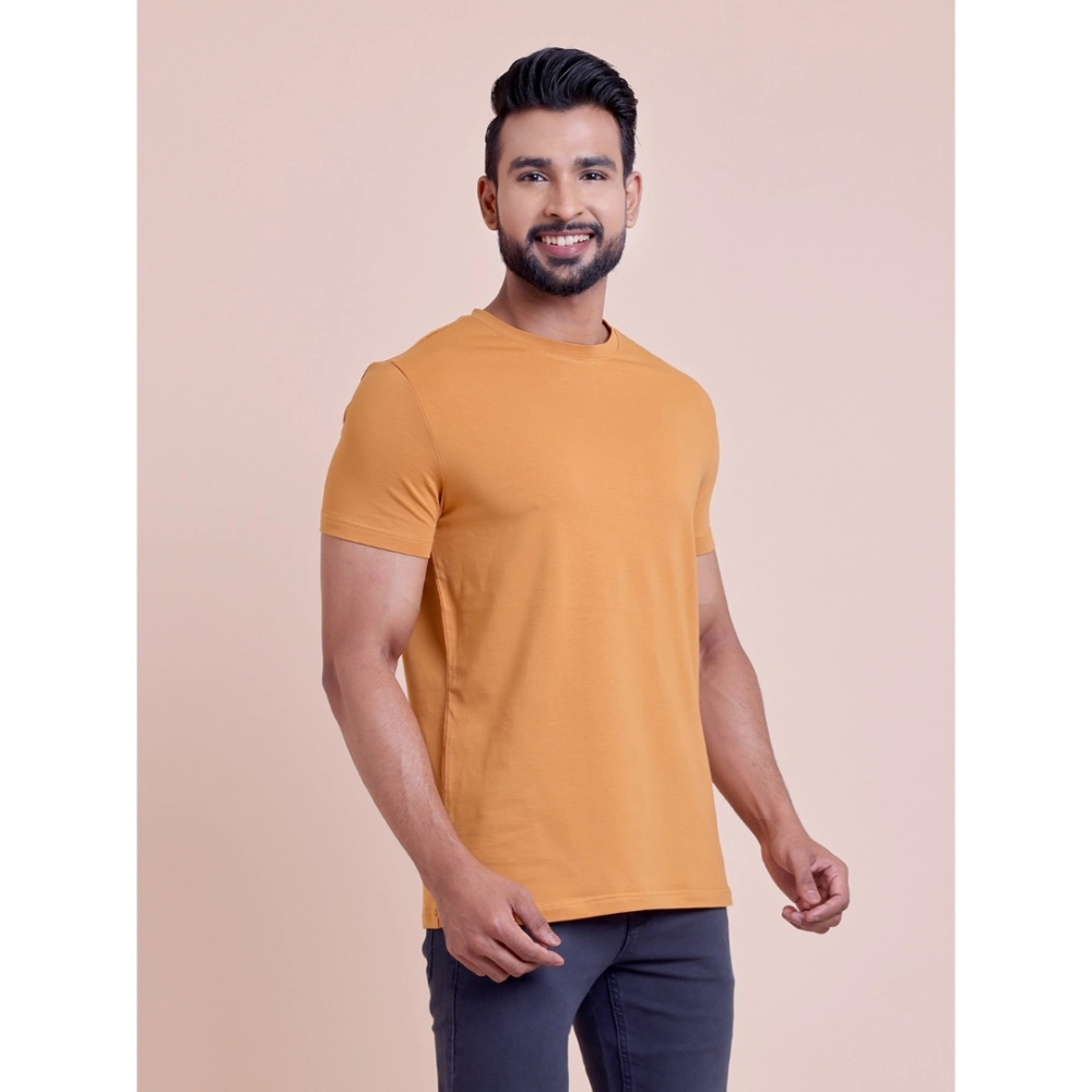 Generic Men's Casual Cotton Solid Half Sleeve Round Neck T-Shirt (Brown) - Image 3