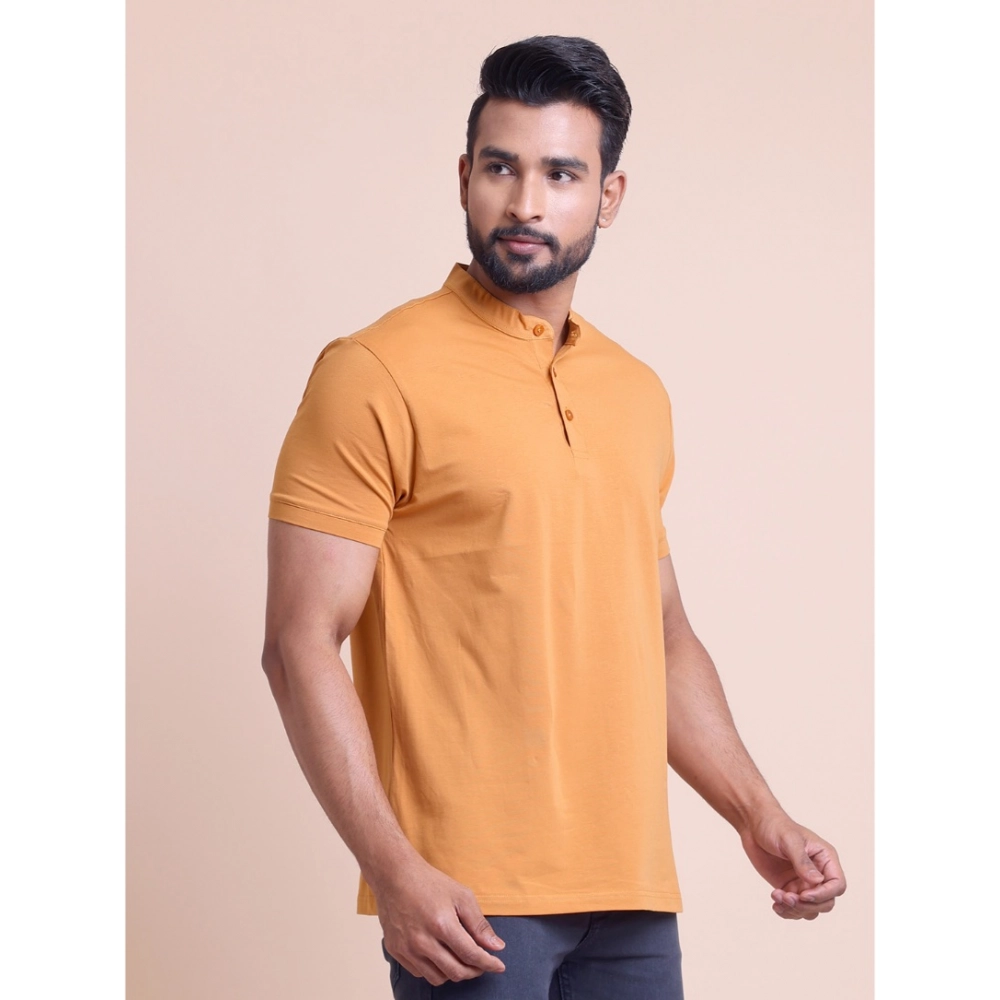 Generic Men's Casual Cotton Solid Half Sleeve Mandarin Collar T-Shirt (Brown) - Image 3