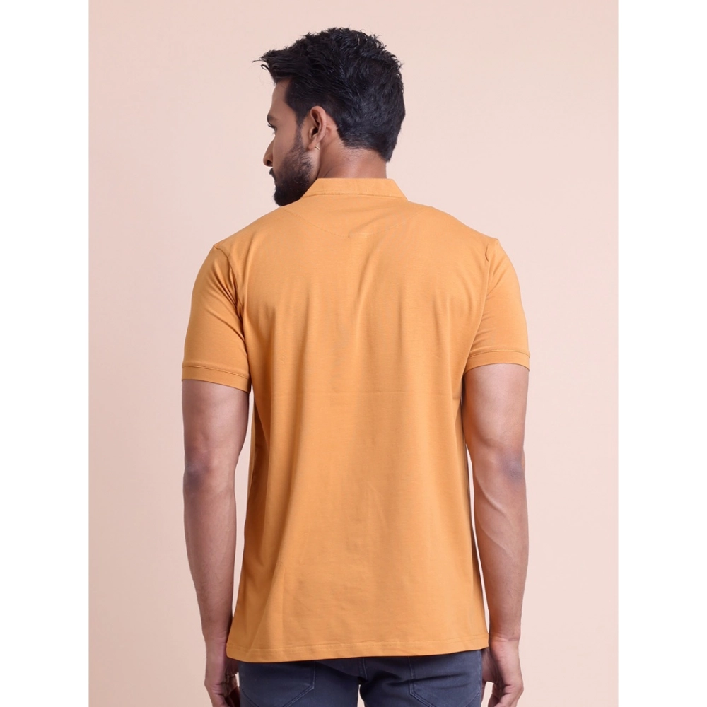 Generic Men's Casual Cotton Solid Half Sleeve Mandarin Collar T-Shirt (Brown) - Image 2
