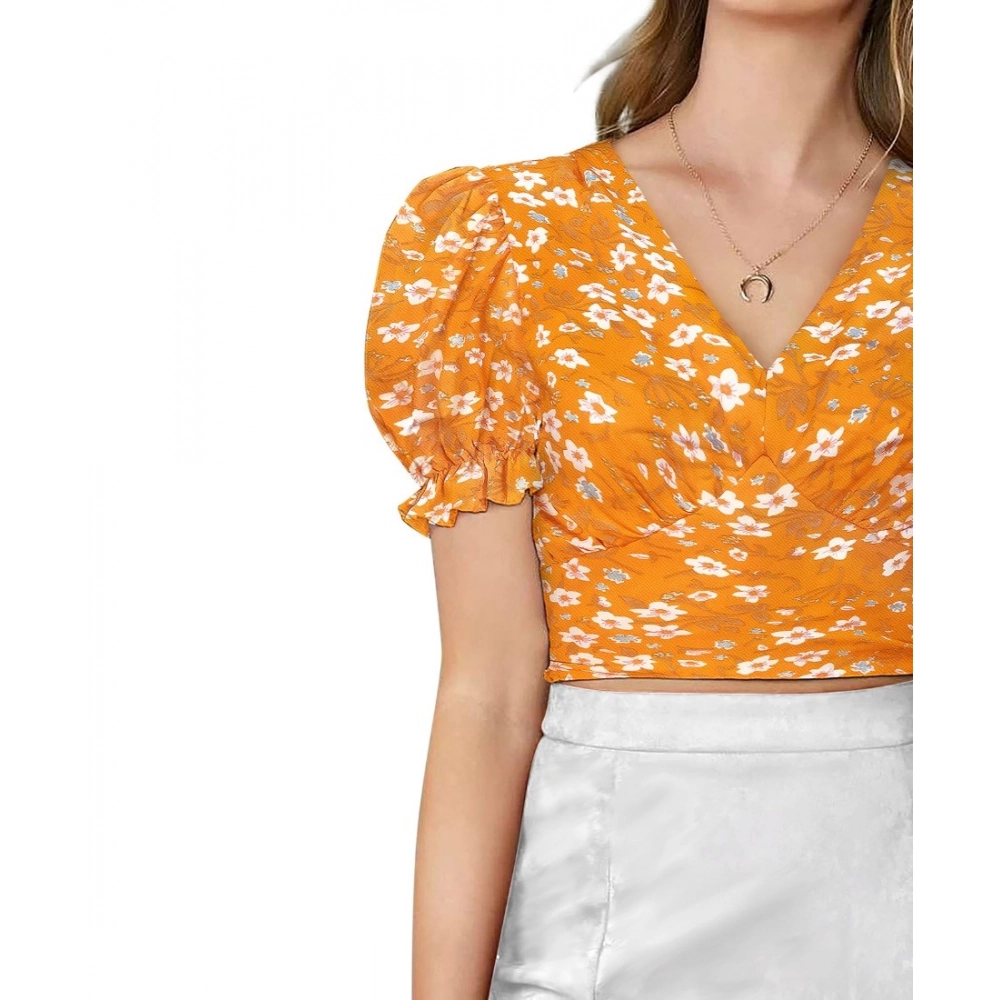 Generic Women's Knitting Printed V-Neck Puff Sleeve Tops (Yellow) - Image 5