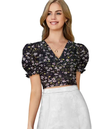 Generic Women's Knitting Printed V-Neck Puff Sleeve Tops (Black)
