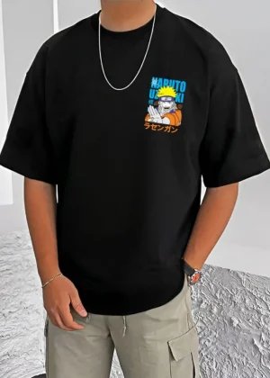 Generic Men's Casual Cotton Blend Printed Round Neck Half Sleeve T-Shirt (Black)