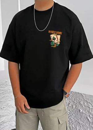 Generic Men's Casual Cotton Blend Printed Round Neck Half Sleeve T-Shirt (Black)