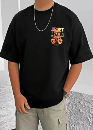 Generic Men's Casual Cotton Blend Printed Round Neck Half Sleeve T-Shirt (Black)
