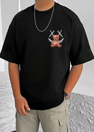 Generic Men's Casual Cotton Blend Printed Round Neck Half Sleeve T-Shirt (Black)