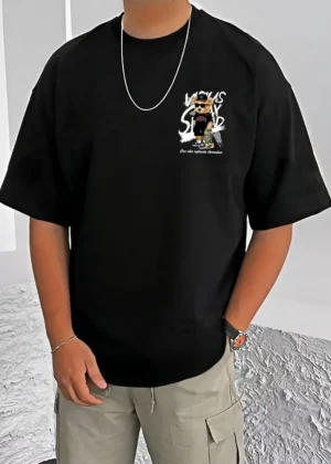 Generic Men's Casual Cotton Blend Printed Round Neck Half Sleeve T-Shirt (Black)
