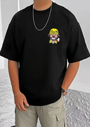 Generic Men's Casual Cotton Blend Printed Round Neck Half Sleeve T-Shirt (Black)