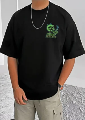 Generic Men's Casual Cotton Blend Printed Round Neck Half Sleeve T-Shirt (Black)