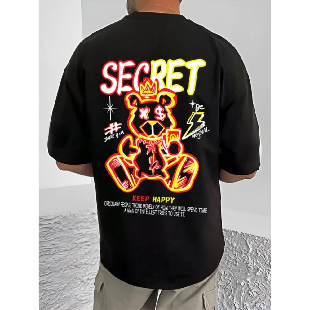 Generic Men's Casual Cotton Blend Printed Round Neck Half Sleeve T-Shirt (Black) - Image 2