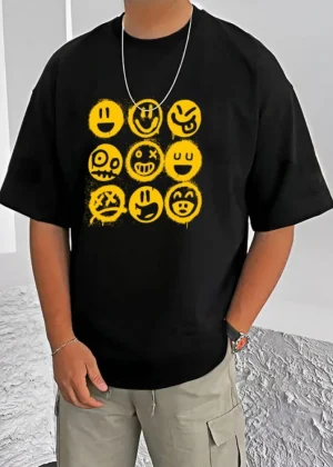 Generic Men's Casual Cotton Blend Printed Round Neck Half Sleeve T-Shirt (Black)