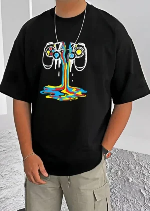 Generic Men's Casual Cotton Blend Printed Round Neck Half Sleeve T-Shirt (Black)