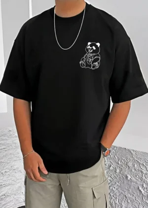 Generic Men's Casual Cotton Blend Printed Round Neck Half Sleeve T-Shirt (Black)