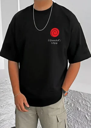 Generic Men's Casual Cotton Blend Printed Round Neck Half Sleeve T-Shirt (Black)