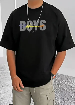 Generic Men's Casual Cotton Blend Printed Round Neck Half Sleeve T-Shirt (Black)