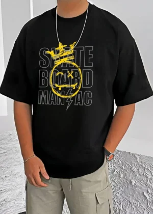 Generic Men's Casual Cotton Blend Printed Round Neck Half Sleeve T-Shirt (Black)