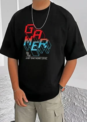 Generic Men's Casual Cotton Blend Printed Round Neck Half Sleeve T-Shirt (Black)