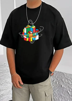 Generic Men's Casual Cotton Blend Printed Round Neck Half Sleeve T-Shirt (Black)