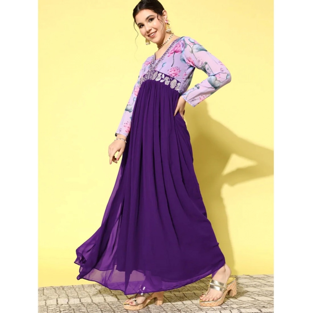 Generic Women's Georgette Embroidery 3-4th Sleeve V-Neck Kurti (Purple) - Image 2